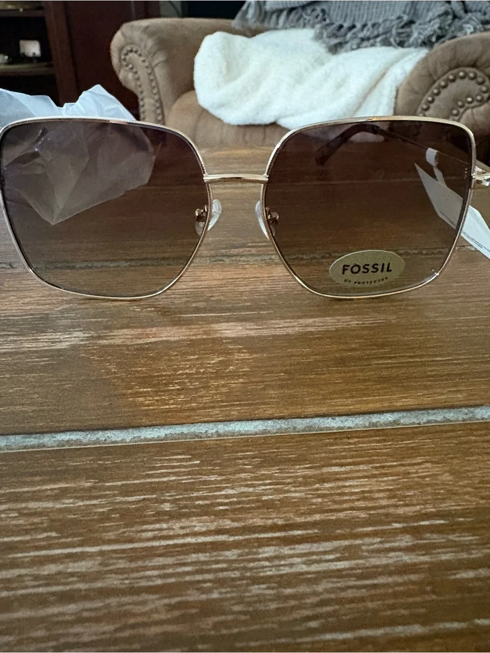 Fossil Gold Frame Brown Gradient Square Sunglasses